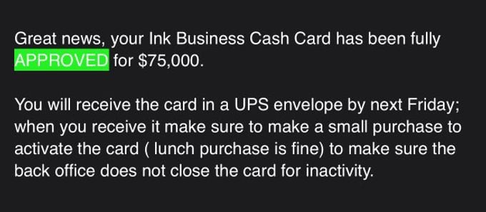 Approval notice for an Ink Business Cash Card at $75,000