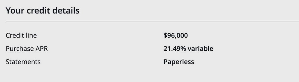 Chase credit details page showing a credit line of $96,000
